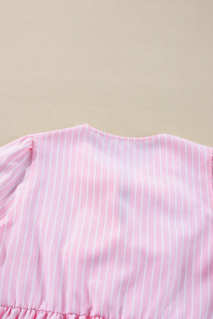 Pink stripe bowknot front blouse with puff sleeves and crew neck from Carmine Juneberry, stylish tops and blouses for women.