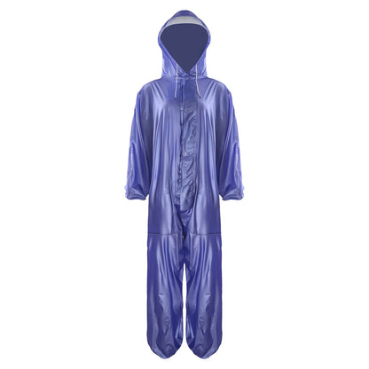 Adults one-piece waterproof raincoat with hood, front zipper, drawstring, and buttons, ideal for workwear by Start2Finish.