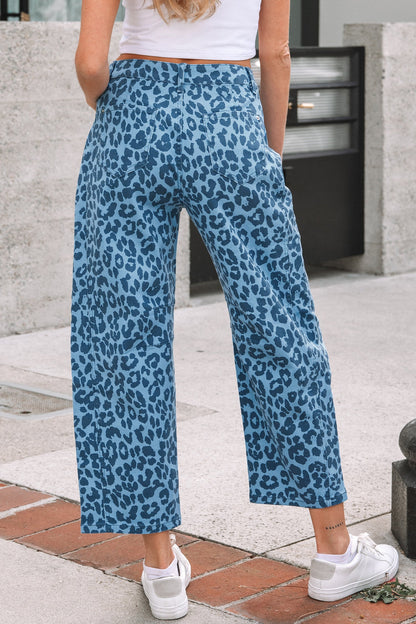 Byzantium Bay leopard high waist straight jeans for women, showcasing stylish animal print denim with a high-rise fit.