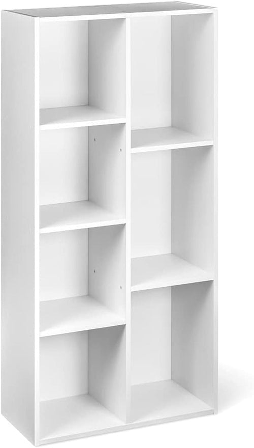 White Peach Maple 7-cube organizer bookcase with storage shelves, ideal for home or office organization and display.