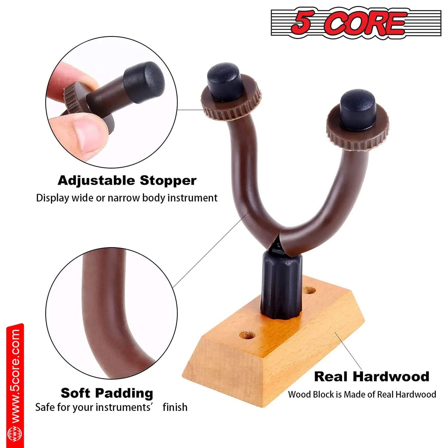 Violet Rose 5Core Guitar Wall Mount Hanger 2Pack, U-shaped wooden hooks for hanging guitars on the wall.