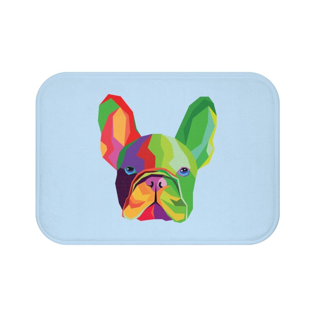 Colorful dog bath mat from Yellow Pandora with vibrant, multi-colored patterns for bathroom use.