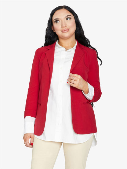 Rose Eleusis edge-to-edge blazer in a tailored fit, shown on a hanger with detailed stitching and classic lapel design.