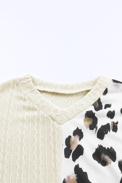 Beige asymmetric leopard patchwork sweater with wide sleeves and V-neck by Carmine Juneberry, stylish knit for casual wear.