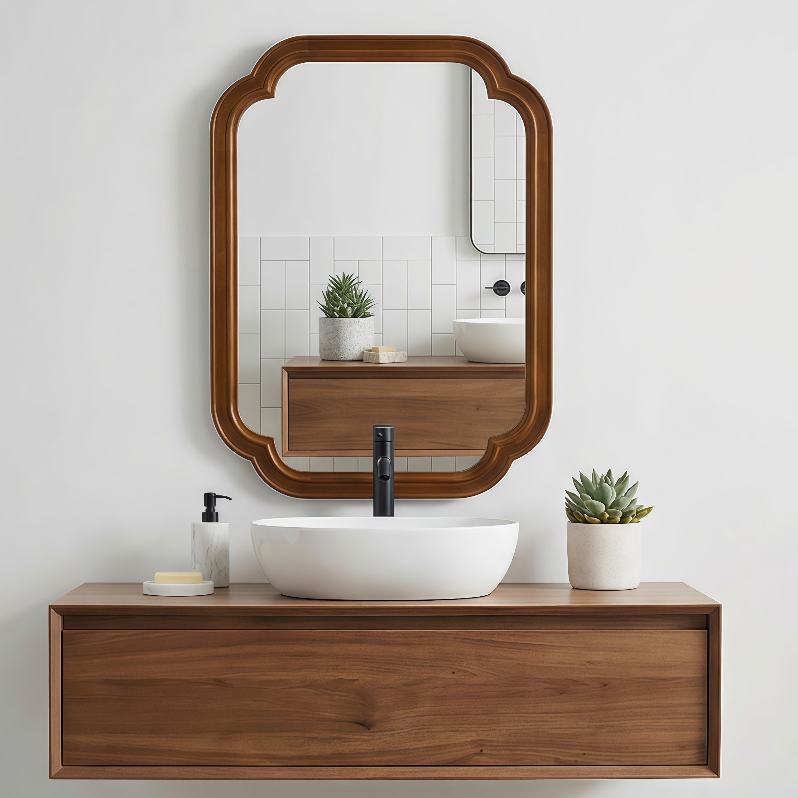 Sangria Beech solid wood framed decorative mirror with rounded corners, ideal for bedroom decor and furniture enhancement.