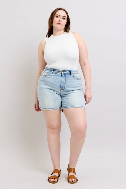 Judy Blue full-size denim shorts by Jade Icarus, styled with two buttons and pockets, plus-size women&
