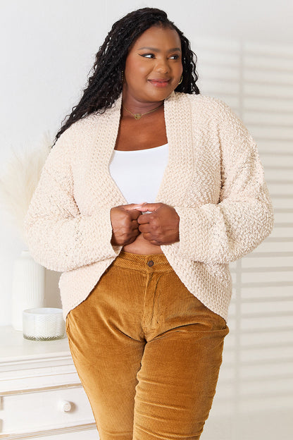 Pear Daisy Double Take open front long sleeve cardigan, cozy knit sweater for home and casual wear, in soft neutral tones.