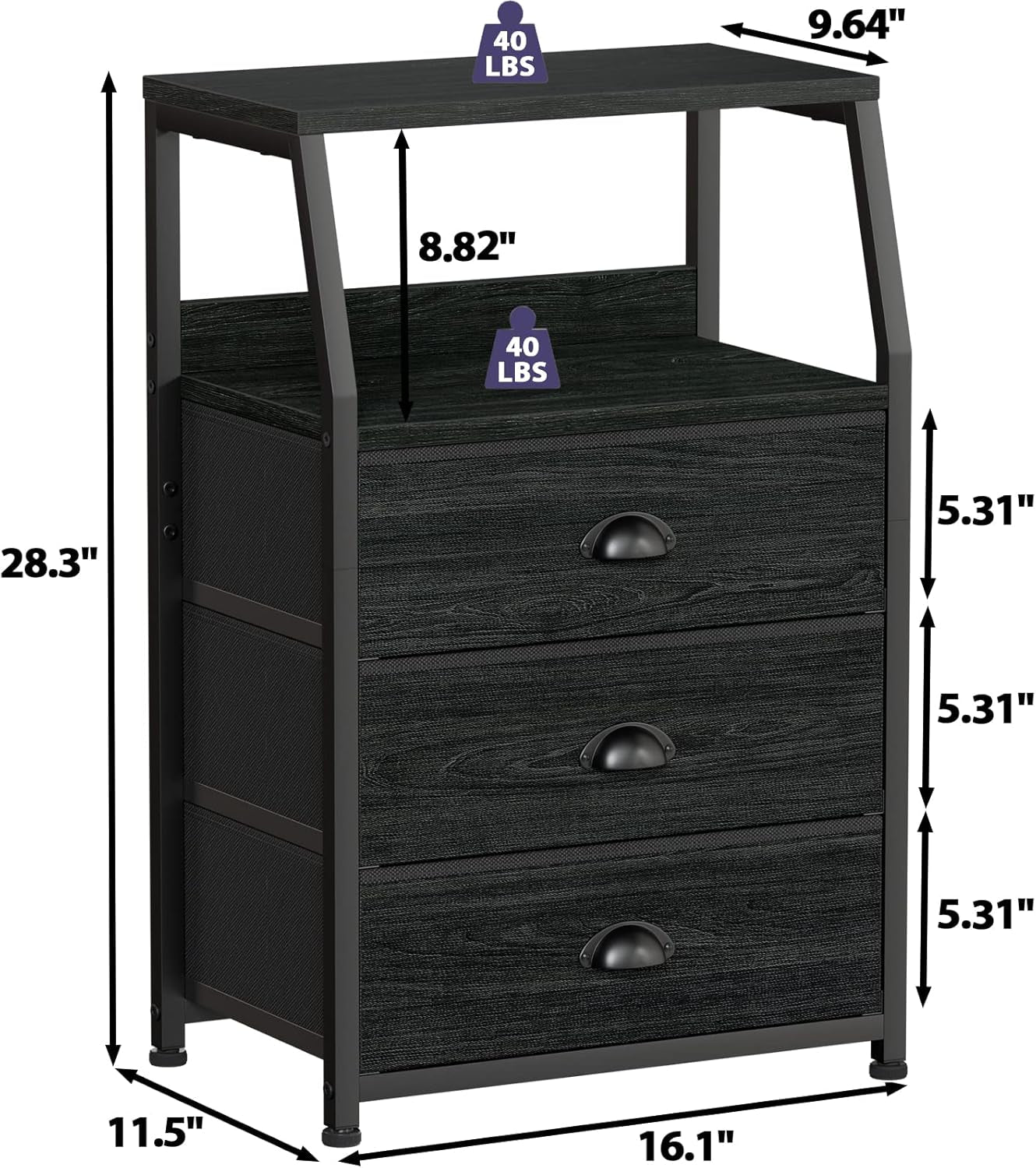 Black Peach Maple night stand with three fabric drawers and a two-tier shelf, showcasing a modern furniture design.