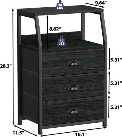 Black Peach Maple night stand with three fabric drawers and a two-tier shelf, showcasing a modern furniture design.