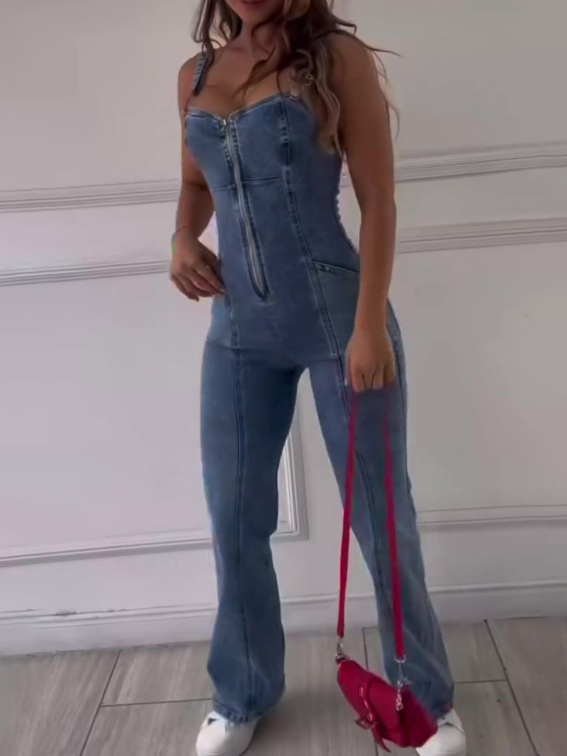Carmine Juneberry DenimDare™ sleeveless paneled denim jumpsuit with edgy, feminine style, featuring a fitted bodice and wide-leg pants.