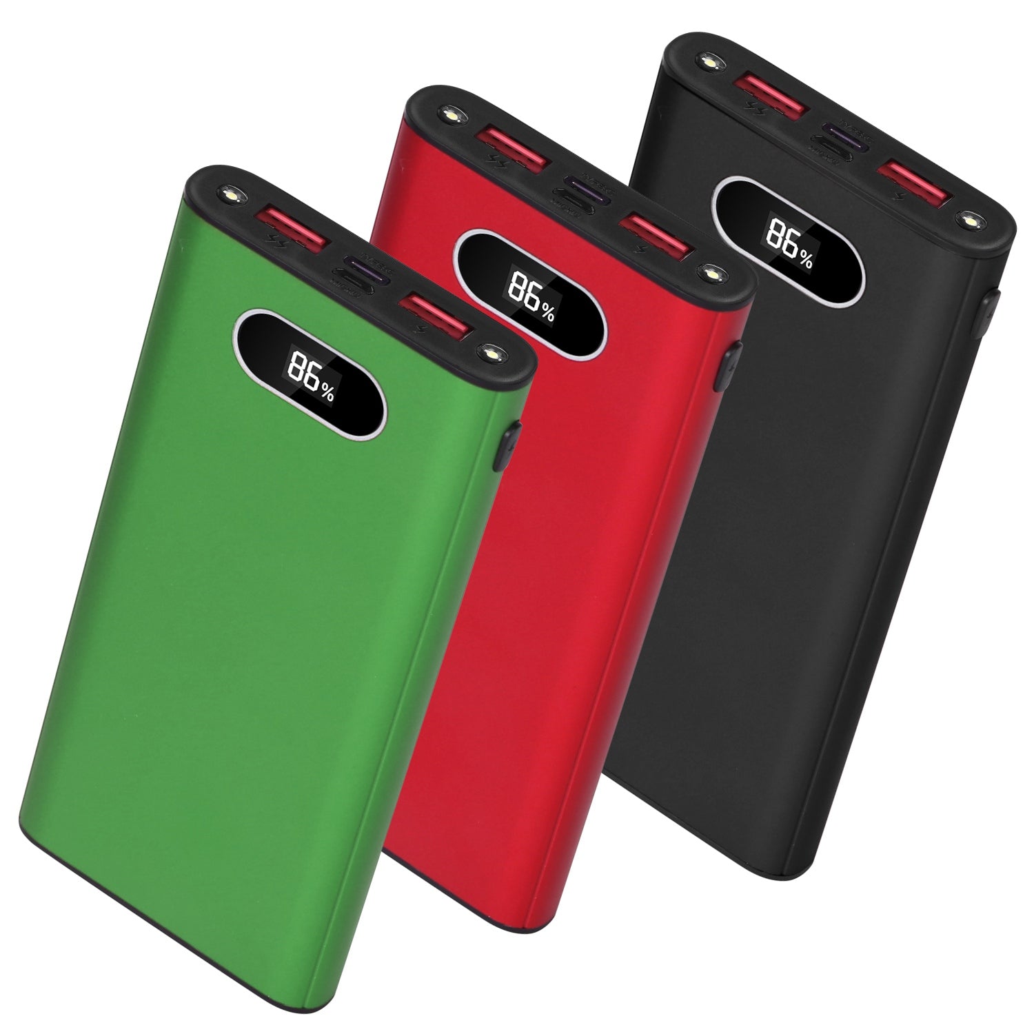 Pear Daisy 20000mAh portable power bank in green, black, and red color options, designed for home and outdoor use.