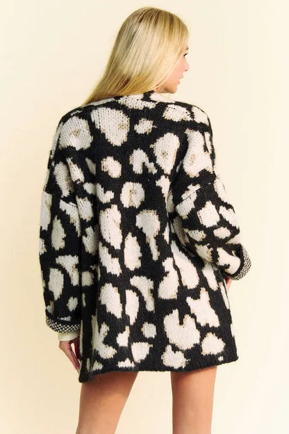 Davi &amp; Dani leopard open front long sleeve cardigan in soft fabric, styled for home or casual wear by Pear Daisy.