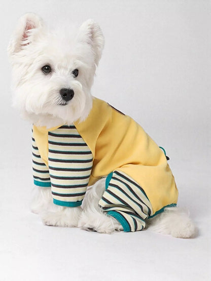 Comfortable pet jumpsuit with blue and white stripes, ideal for home and garden use, by Pear Daisy.