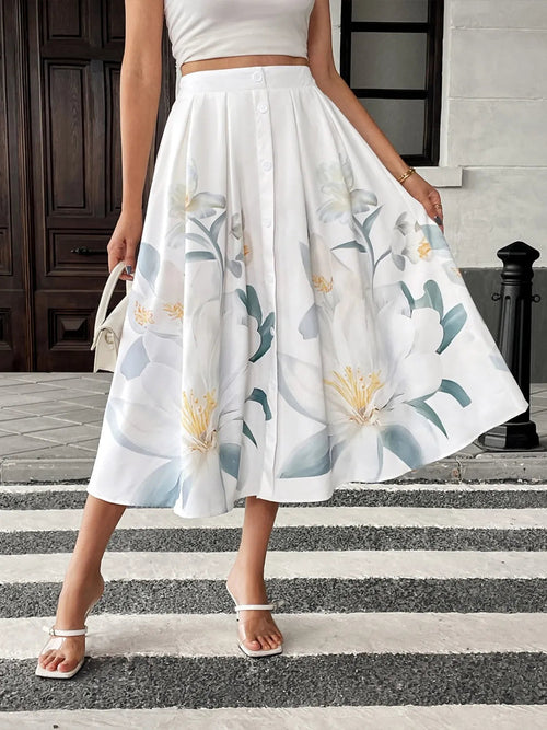 Floral print midi skirt by Ruby Styx featuring a flowy fabric and vibrant flower patterns for women&