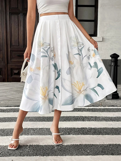 Floral print midi skirt by Ruby Styx featuring a flowy fabric and vibrant flower patterns for women&