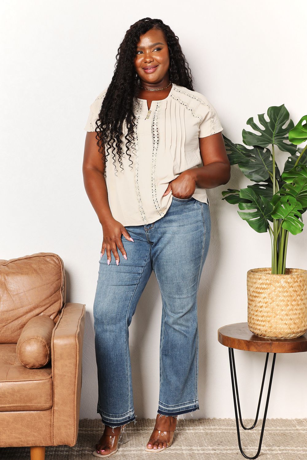 Pear Daisy crochet short sleeve top with button details, perfect for casual home and garden wear, featuring a stylish and comfortable design.