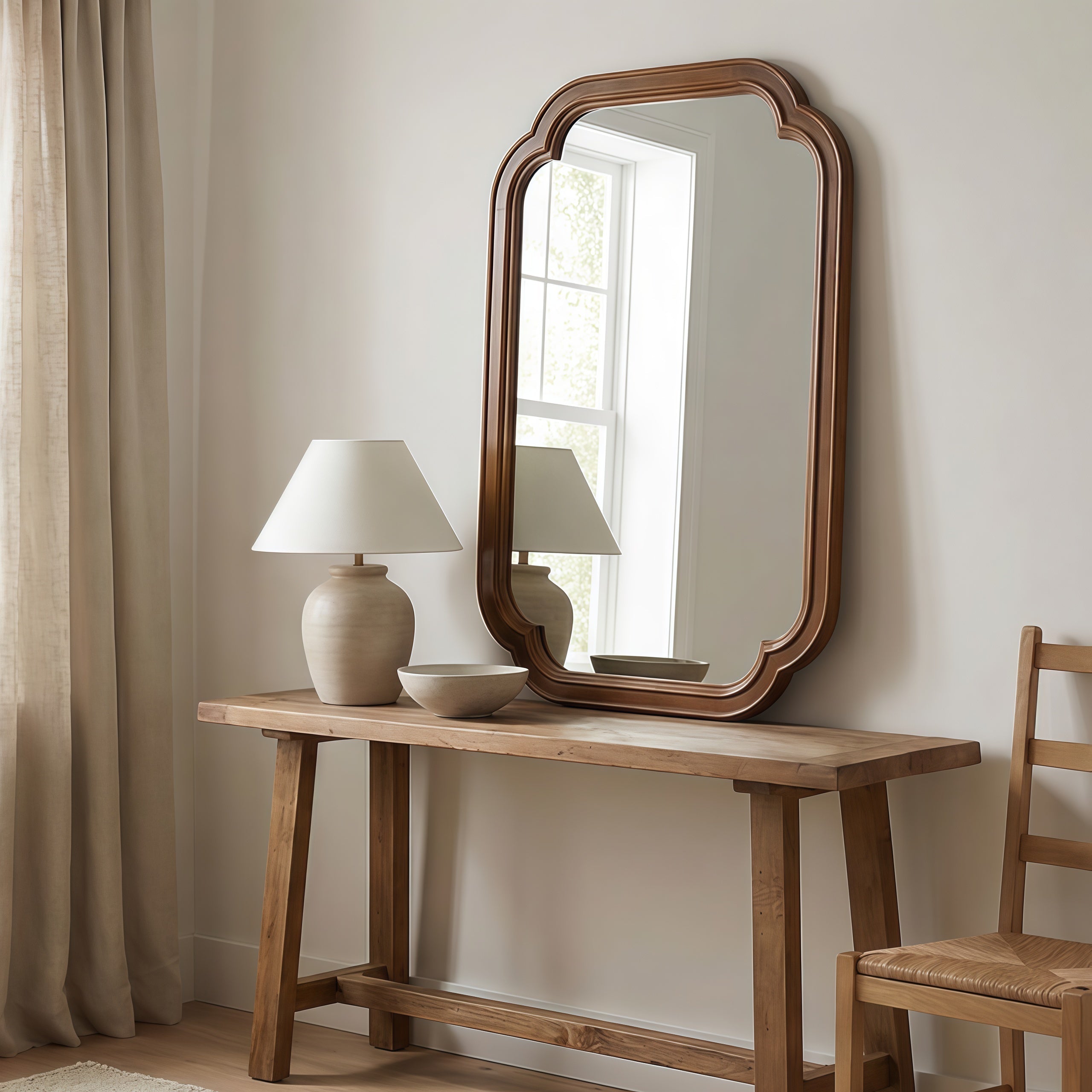 Sangria Beech solid wood framed decorative mirror with rounded corners, ideal for bedroom furniture.