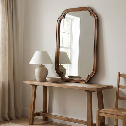 Sangria Beech solid wood framed decorative mirror with rounded corners, ideal for bedroom furniture.