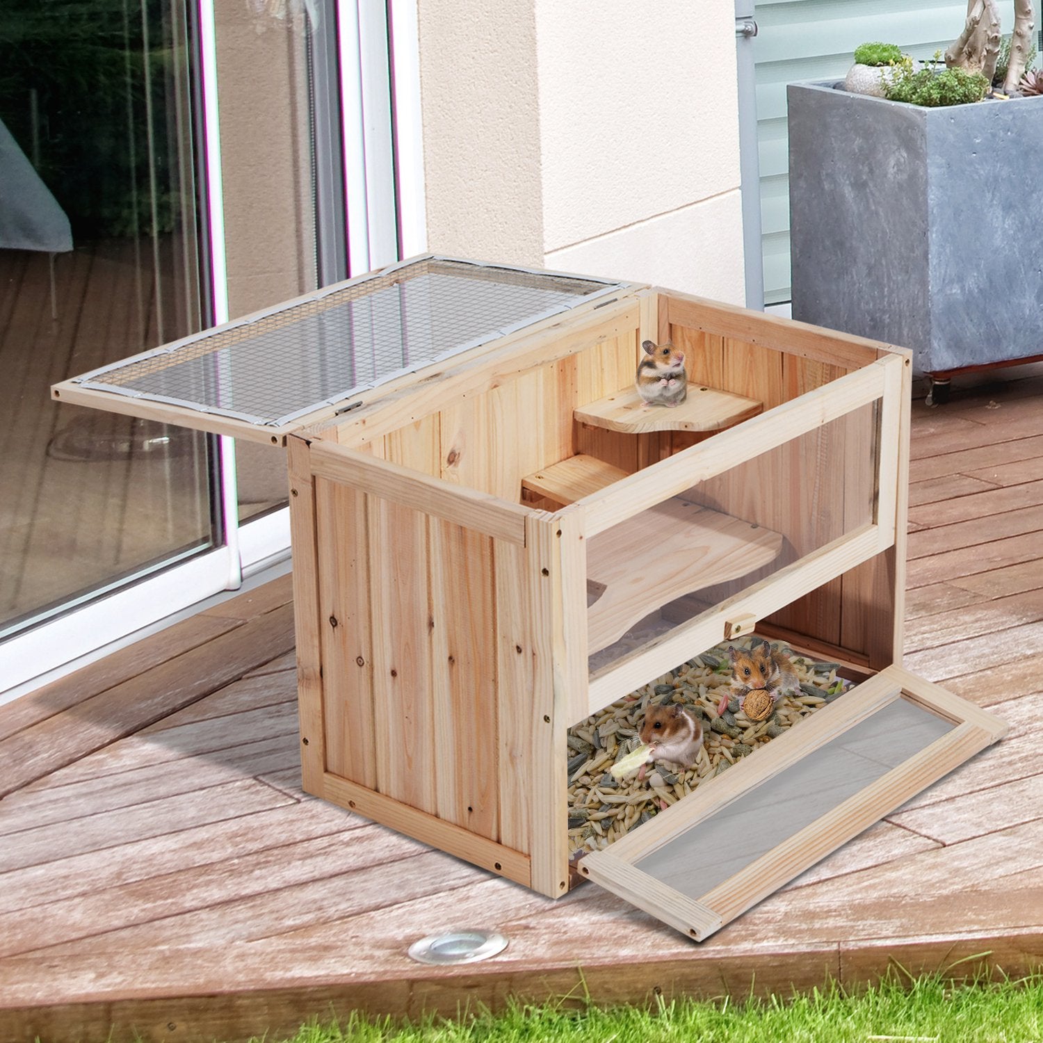 Wooden hamster cage by Taupe Shadow with two levels, suitable for small animals, featuring ramps and spacious living areas.