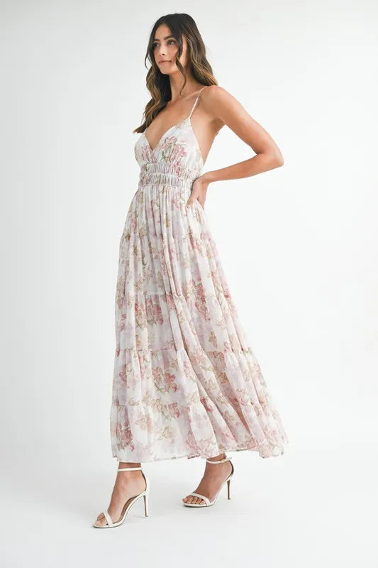 Pear Daisy floral print tiered cami maxi dress with a flowing silhouette, perfect for summer or garden events.