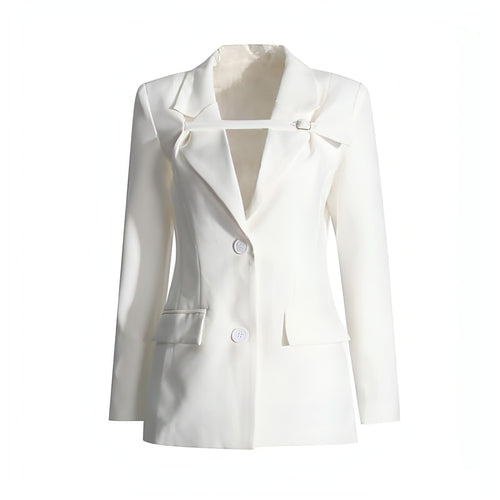 Slim fit patchwork suit jacket for women by Carmine Juneberry, stylish with a tailored design and unique patchwork details.