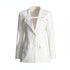 Slim fit patchwork suit jacket for women by Carmine Juneberry, stylish with a tailored design and unique patchwork details.