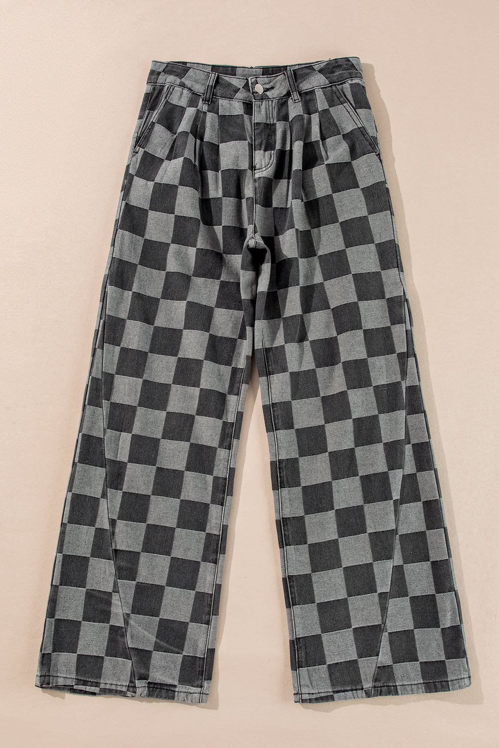 Dark grey checkered denim wide-leg jeans for women by Ruby Styx, showcasing the relaxed fit and stylish checkered pattern.