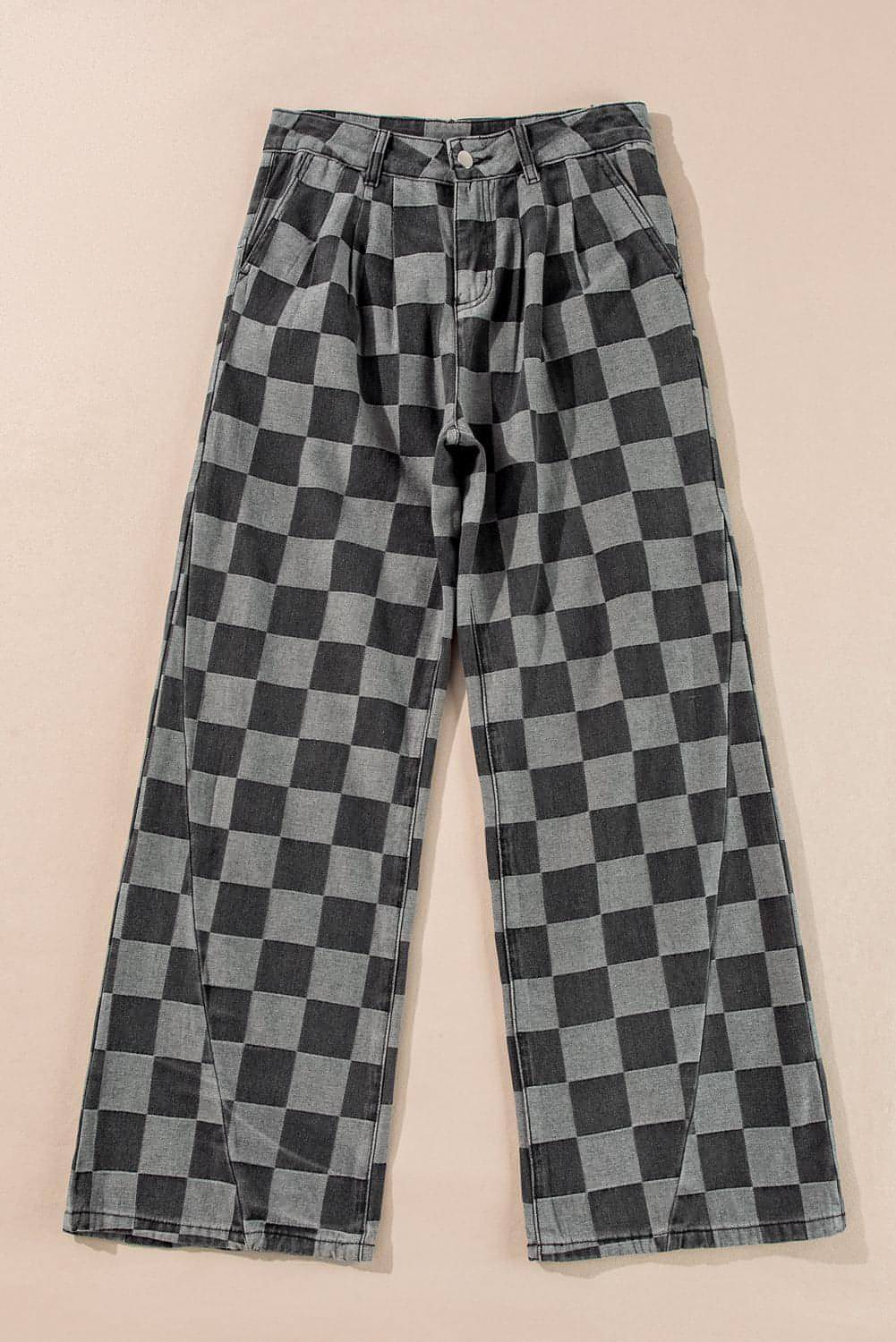 Dark grey checkered denim wide-leg jeans by Carmine Juneberry, featuring a relaxed fit and stylish checkered pattern.