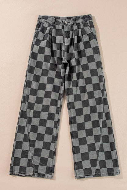 Dark grey checkered denim wide-leg jeans by Carmine Juneberry, featuring a relaxed fit and stylish checkered pattern.
