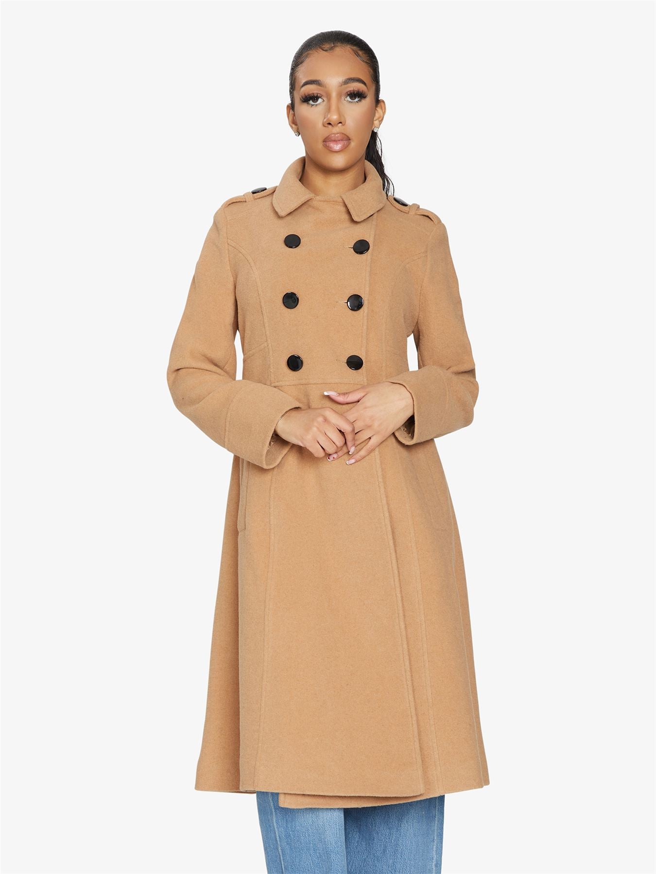 Rose Eleusis A-Line double-breasted coat, stylish jacket with tailored fit and classic design, shown in a front view.