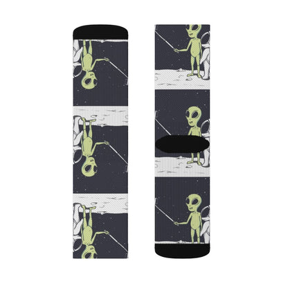 Yellow Pandora Funny Alien Selfie Socks featuring colorful alien illustrations on comfortable sock material.