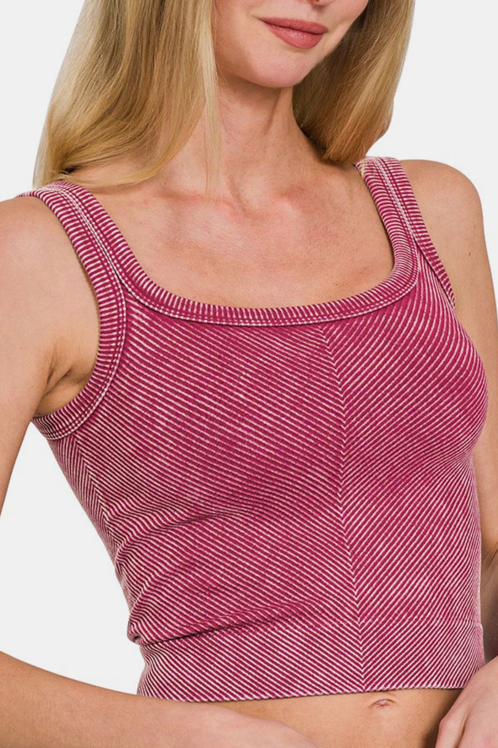 Automotive part image showing Jade Icarus Zenana Washed Ribbed Scoop Neck Wide Strap Tank in a washed ribbed fabric style.