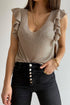 Lavender Pallas khaki cascading ruffles knit tank top for women, featuring a stylish sleeveless design and soft fabric.