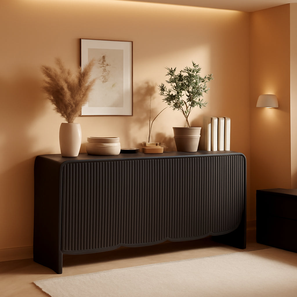 58-Inch Black Fluted Sideboard With Adjustable Shelves