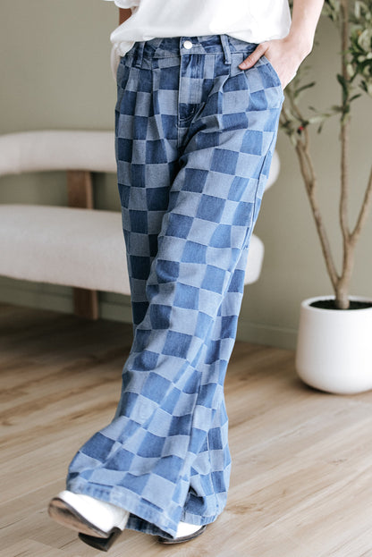 Dusk blue checkered denim wide-leg jeans for women by Ruby Styx, featuring a relaxed fit and stylish checkered pattern.