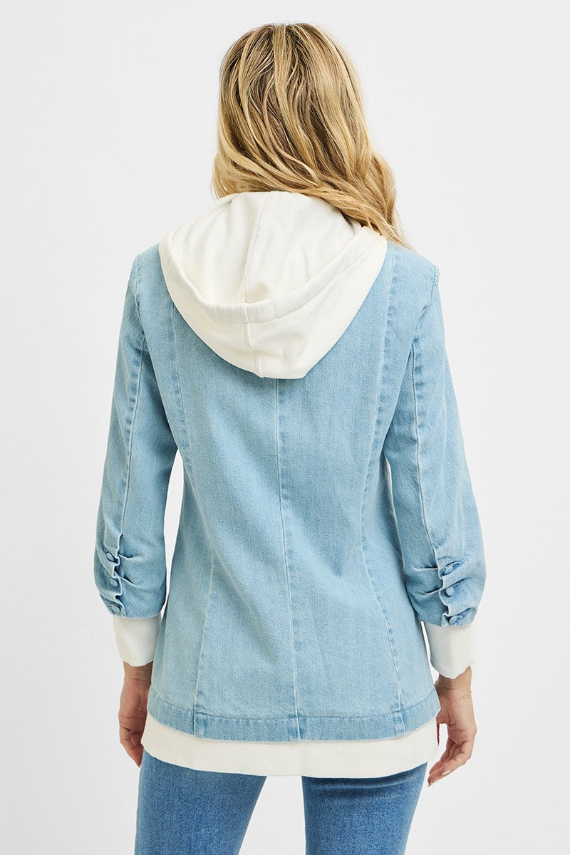 Start2Finish RISEN one-button blazer with hoodie, stylish jacket featuring a sleek design and modern fit, front view.