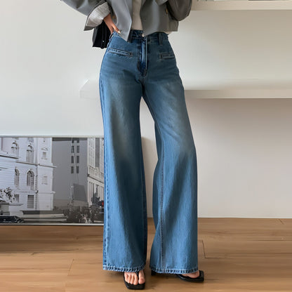 Carmine Juneberry retro high waist slimming jeans for women, showing a close-up of the dark denim fabric and classic fit.