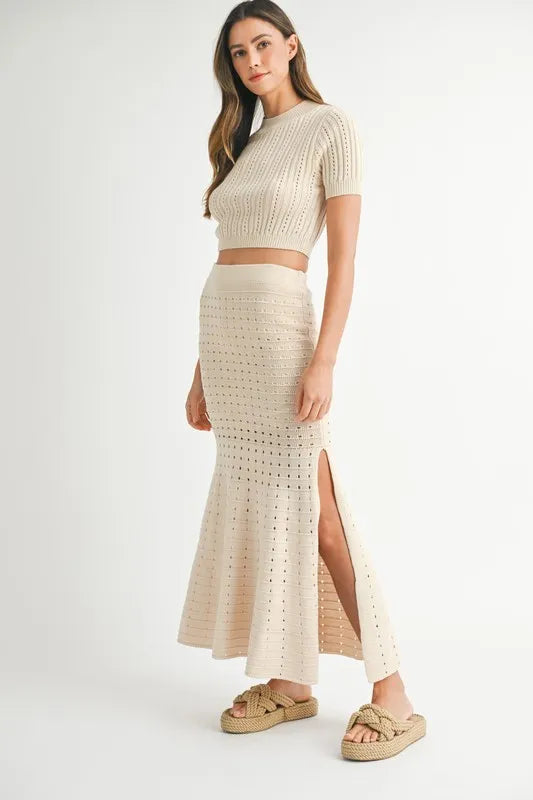 Pear Daisy MABLE Pointelle short sleeve crop top and slit skirt sweater set, cozy home wear with stylish knit details.
