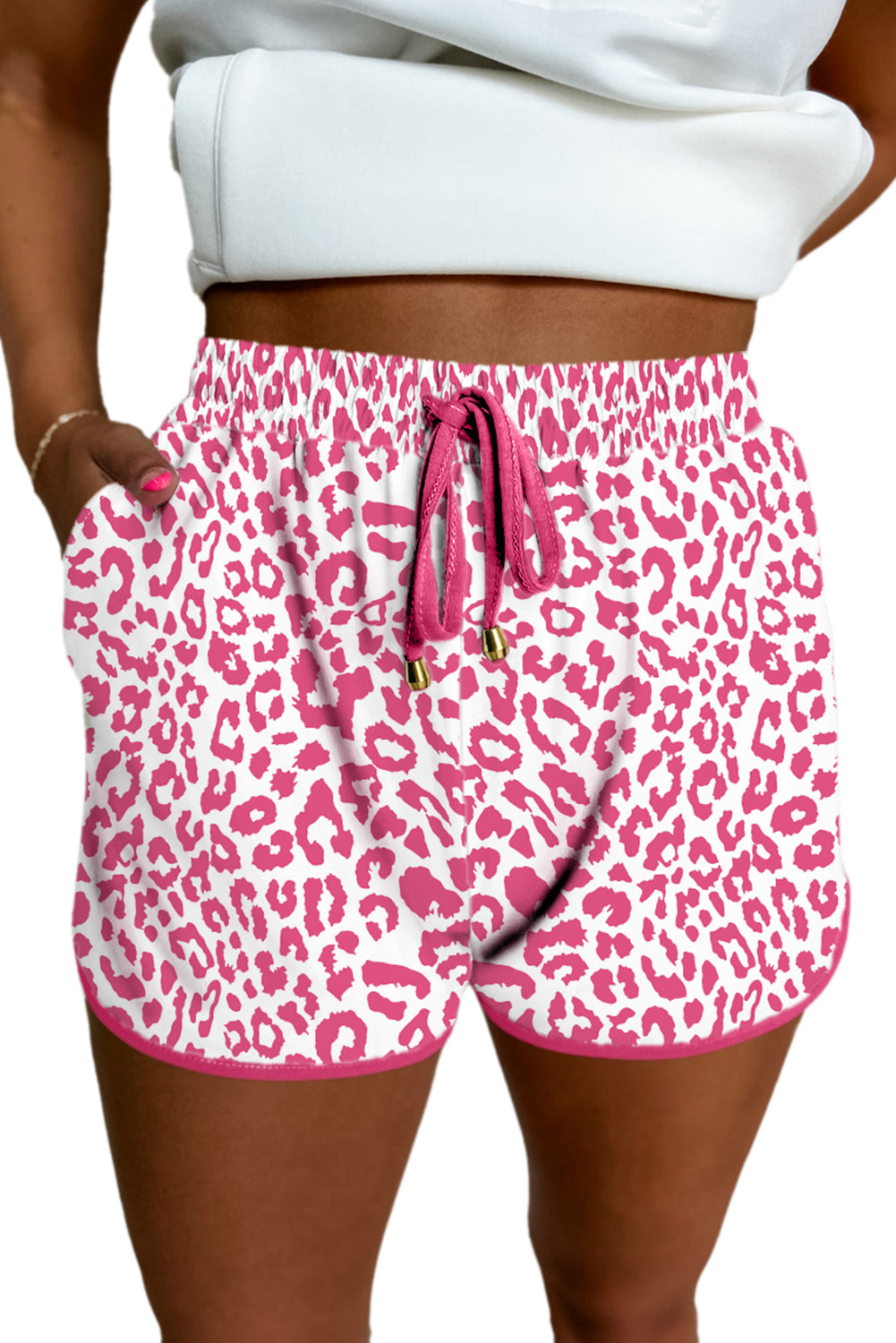 Pink leopard print casual shorts with elastic waistband, lace-up front, contrast trim, designed for women&