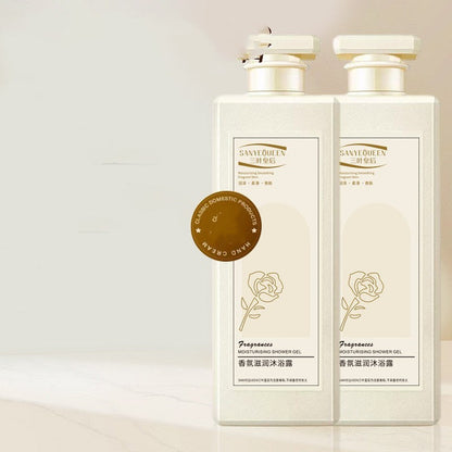 Three-leaf Queen Shower Gel by Carmine Juneberry in an 800ml bottle, featuring deep-cleansing aromatherapy bodycare with green and white packaging.