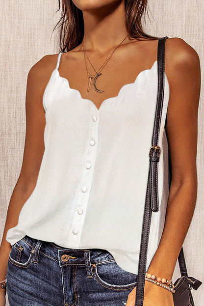 White spaghetti straps buttoned V-neck vest from Harlequin Daisy, casual bath and beauty clothing with a simple, stylish design.