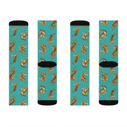 Yellow Pandora Tiger Fun novelty socks featuring colorful tiger stripe patterns and cozy knit fabric.