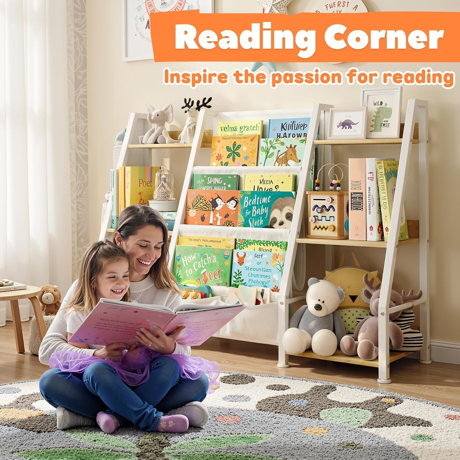Kids bookshelf and toy organizer by Peach Maple, 3-tier burlywood bookcase with shelves for books and toys, natural wood finish.