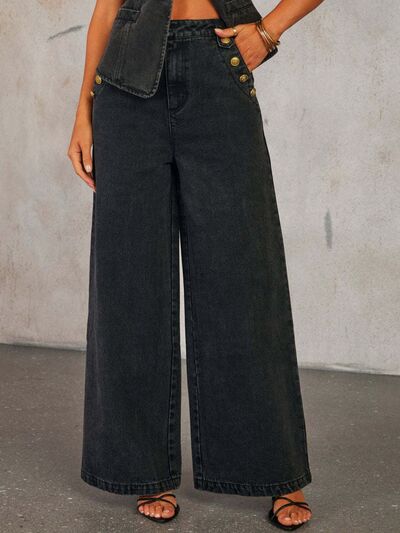 Taupe Oliver high rise jeans with button decor, styled for women, showcasing a trendy, effortless look in a casual setting.