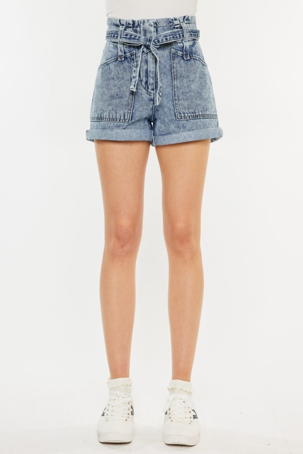 Jade Icarus Kancan ultra high rise paperbag denim shorts with a distressed finish and belt loops, styled for casual wear.