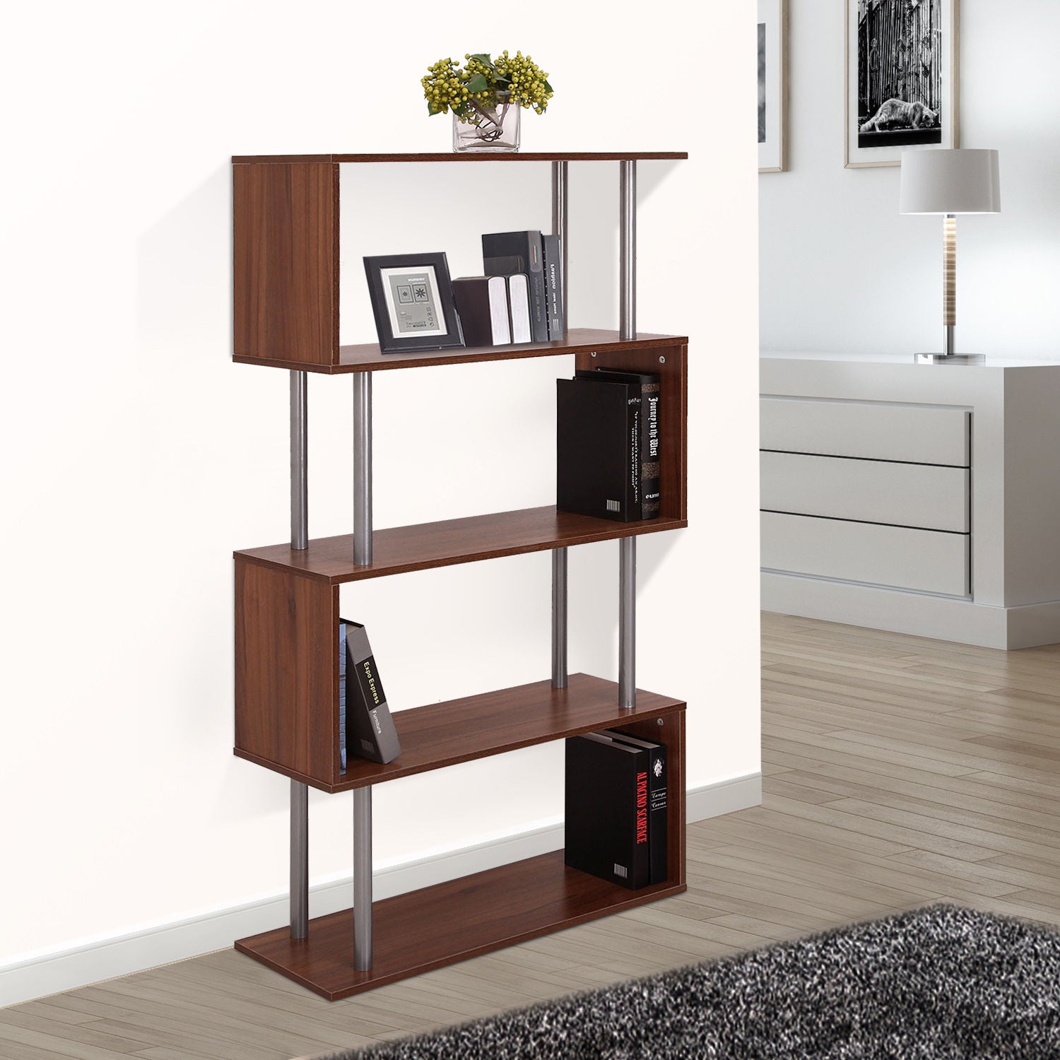 Taupe Shadow HOMCOM wooden S-shaped bookcase with four shelves for home storage and display.
