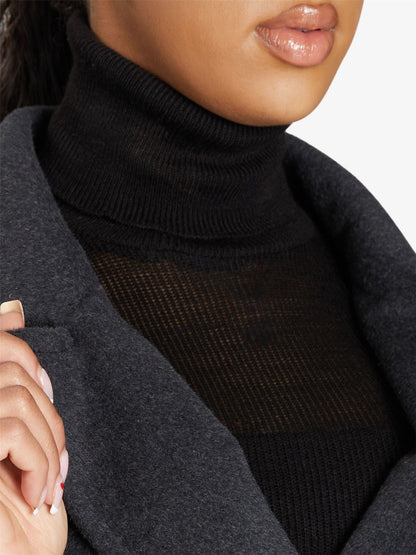 Rose Eleusis belted longline duster coat for women, featuring a tailored fit and open front design, in a neutral fabric.