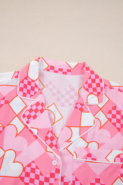 Byzantium Bay Valentine heart pajama set featuring a matching shirt and shorts with romantic heart designs.