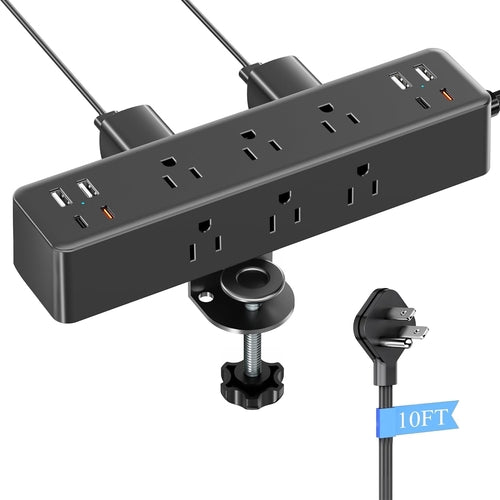 Peach Maple desk clamp power strip with 17-in-1 hub, USB ports, and 40W fast charging attached to a wooden desk.