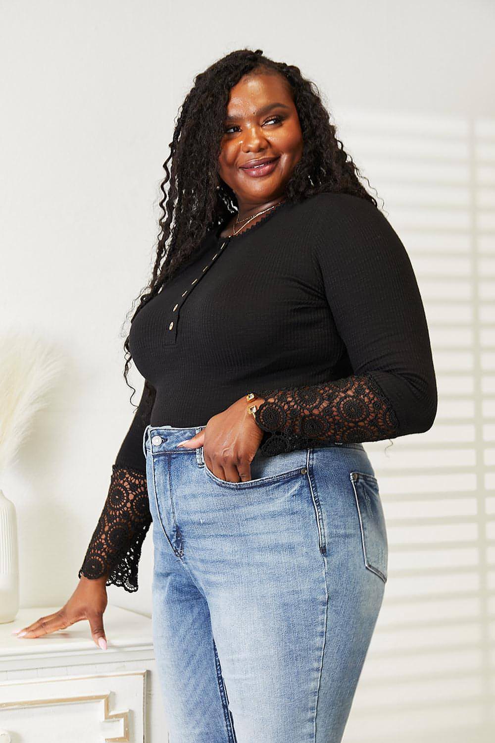 Carmine Juneberry double take crochet lace hem sleeve button top showing lace details and long sleeves in a casual blouse style.